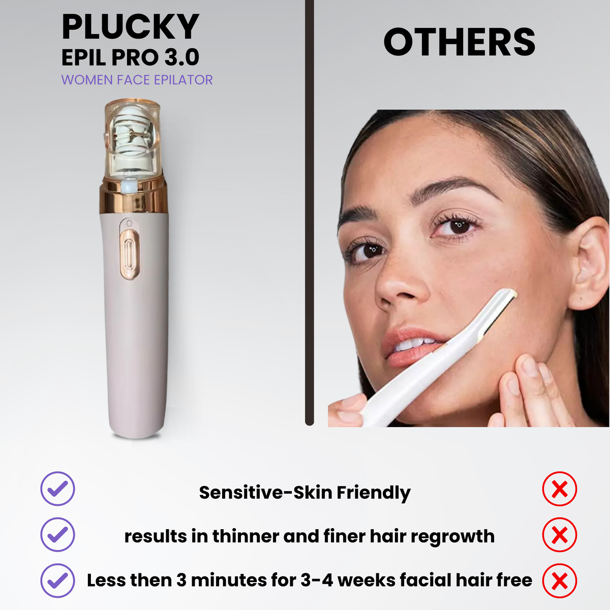 Pro 3.0 epilator with a comparison to 'Others' on a gray background.

